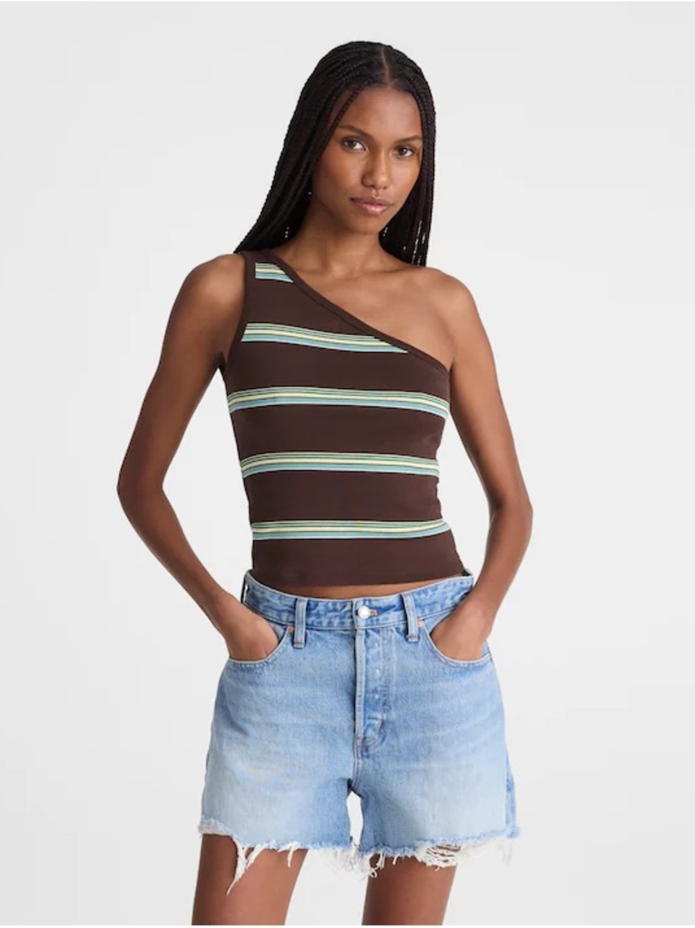 One-Shoulder Brown Stripe Tank Top